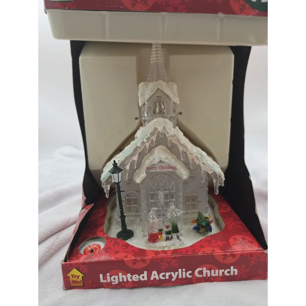 Vtg Nos Christmas Lighted Church Chapel Heavy Clear Glass Snowy Plug In 12.